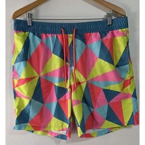 Mad Engine Swim Trunks Mens Sz L‎ Multicolor Patterned Lined Elastic Waist 90s